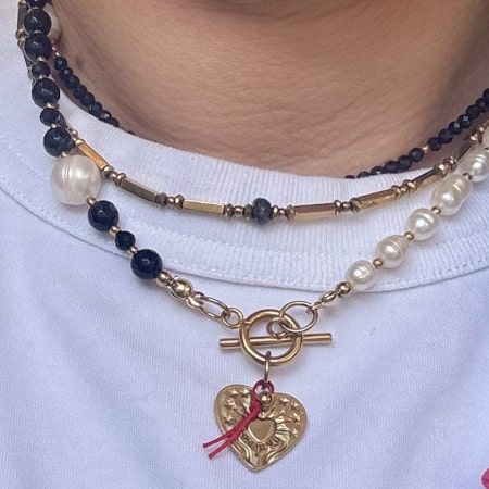 Zaufanie&Obfitość&Spokój&Ochrona - Spinel, Onyks, Perła, Hematyt, Serce i czerwona nitka chroniąca od uroków - ręczenie robiony naszyjnik z kamieni naturalnych