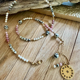 Twoja Harmonia w jednym naszyjniku, znaki zodiaku - kamień rzeczny, jaspis dalmatyński, rodonit, perła i złoty hematyt