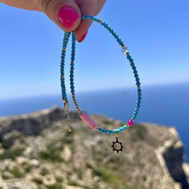 Niebiański naszyjnik ze słońcem - Turkus inaczej kamień zwycięzca lub kamień niebios - ręcznie robiony naszyjnik z kamieni naturalnych turkus, jaspis, jadeit, hematyt, kryształ górski