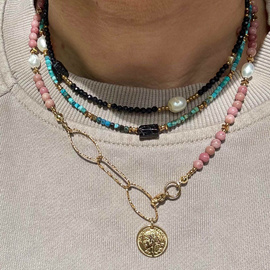 Talizman przyciągający szczęście i miłość - ręcznie robiony naszyjnik z rodonit, perła i hematyt - naszyjnik z monetą
