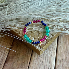 3 kolory, kolorowy pierścionek z kamieni naturalnych - agat, lapis lazuli, różowy spinel